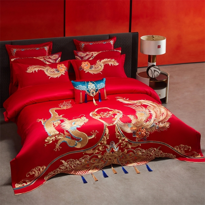 91家纺网 家纺一手货源 找家纺 红番天婚庆 （控价）2025新款全棉新中式刺绣款婚庆四件套多件套 龙凤盛典-金