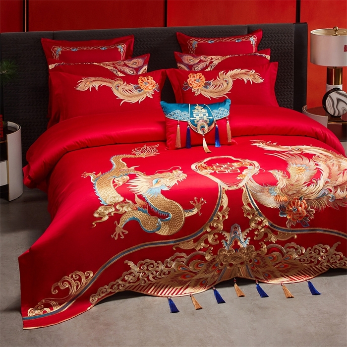 91家纺网 家纺一手货源 找家纺 红番天婚庆 （控价）2025新款全棉新中式刺绣款婚庆四件套多件套 龙凤盛典-金