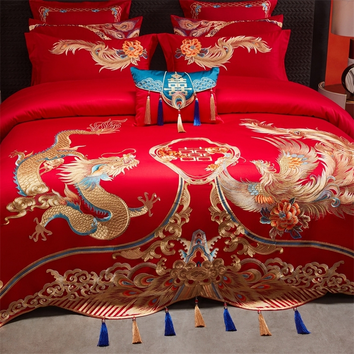 91家纺网 家纺一手货源 找家纺 红番天婚庆 （控价）2025新款全棉新中式刺绣款婚庆四件套多件套 龙凤盛典-金