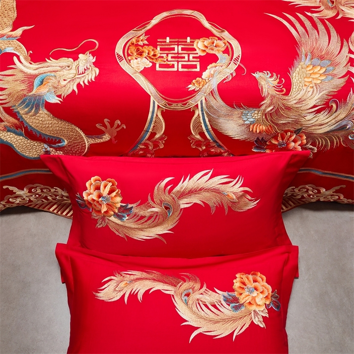 91家纺网 家纺一手货源 找家纺 红番天婚庆 （控价）2025新款全棉新中式刺绣款婚庆四件套多件套 龙凤盛典-金