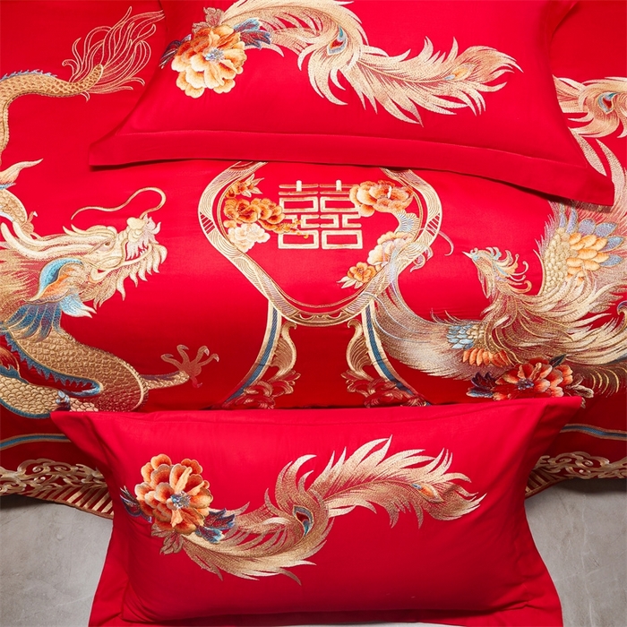 91家纺网 家纺一手货源 找家纺 红番天婚庆 （控价）2025新款全棉新中式刺绣款婚庆四件套多件套 龙凤盛典-金