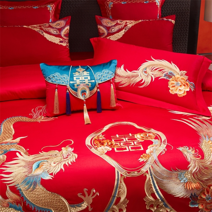 91家纺网 家纺一手货源 找家纺 红番天婚庆 （控价）2025新款全棉新中式刺绣款婚庆四件套多件套 龙凤盛典-金