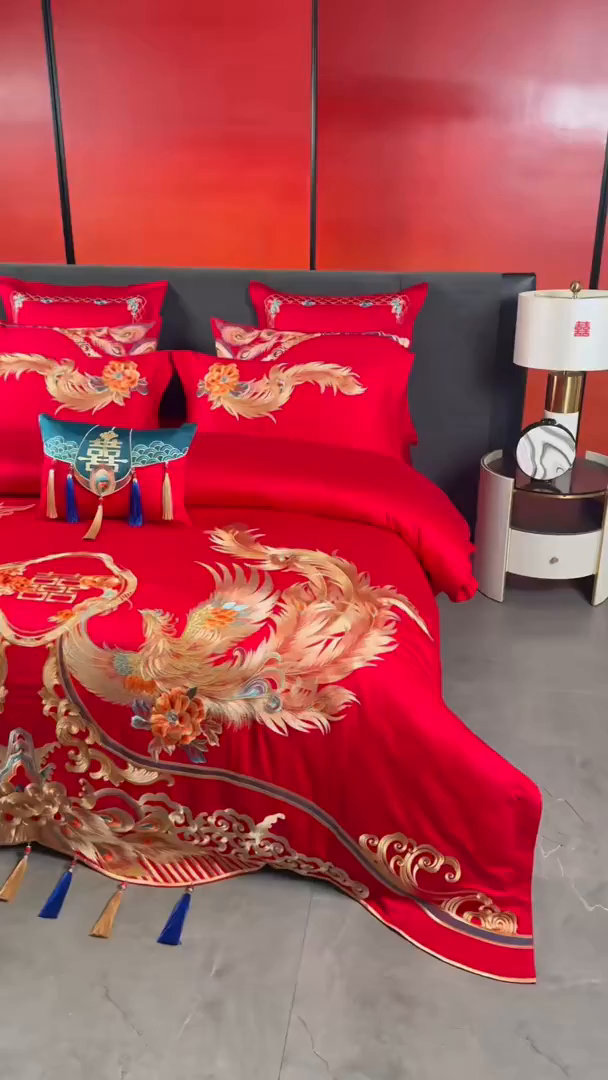 91家纺网 家纺一手货源 找家纺 红番天婚庆 （控价）2025新款全棉新中式刺绣款婚庆四件套多件套 龙凤盛典-金