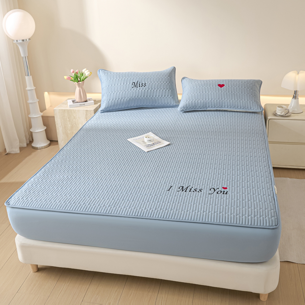 卡伦家纺 2025新款A类刺绣夹棉床笠情书系列 海蓝情书