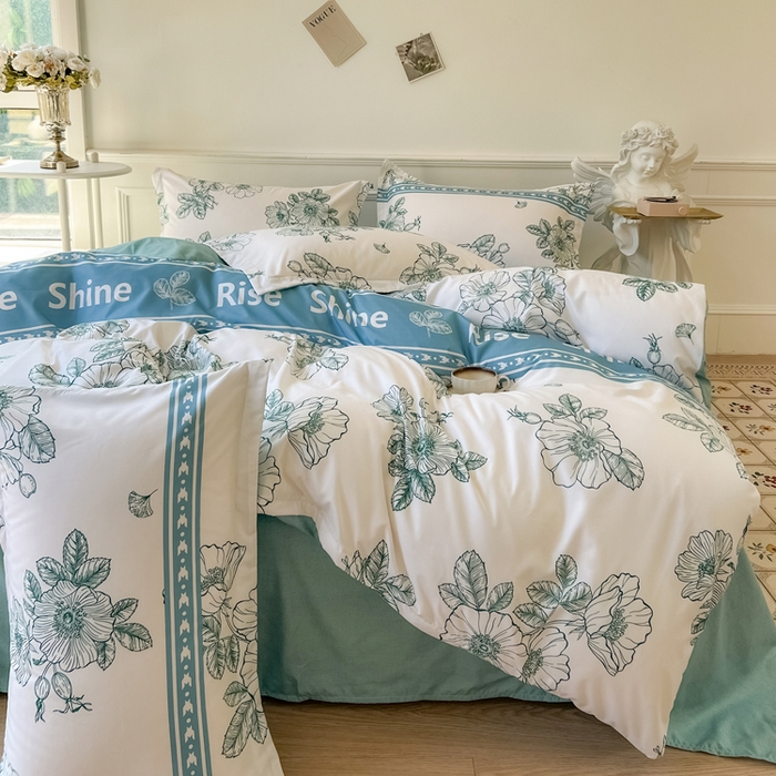 91家纺网 家纺一手货源 找家纺 优纤家纺 2025新款120克磨毛斜纹卡通花卉印花植物羊绒四件套 四季与你