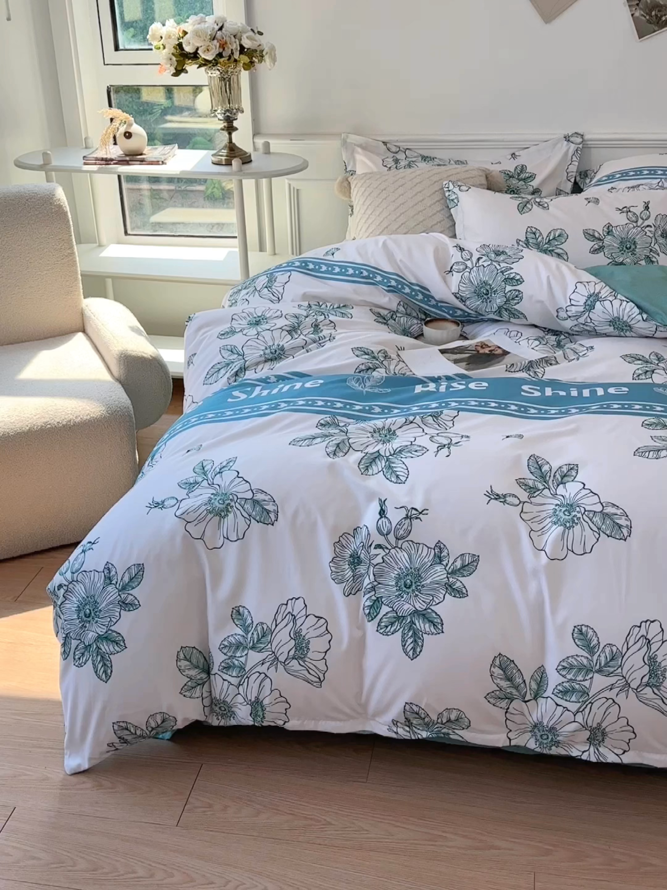 91家纺网 家纺一手货源 找家纺 优纤家纺 2025新款120克磨毛斜纹卡通花卉印花植物羊绒四件套 四季与你