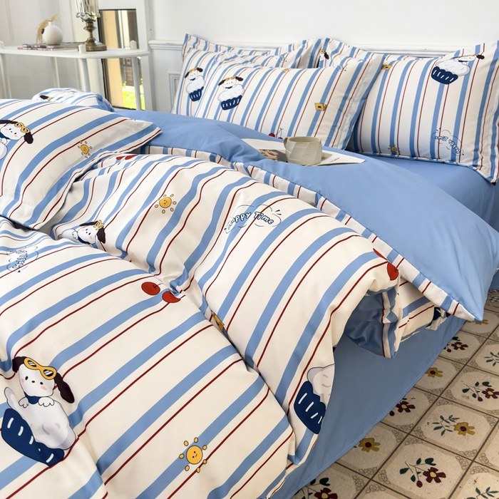 91家纺网 家纺一手货源 找家纺 优纤家纺 2025新款120克磨毛斜纹卡通花卉印花植物羊绒四件套 线条小狗