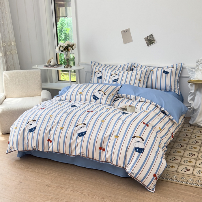 91家纺网 家纺一手货源 找家纺 优纤家纺 2025新款120克磨毛斜纹卡通花卉印花植物羊绒四件套 线条小狗