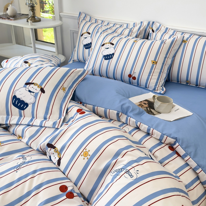 91家纺网 家纺一手货源 找家纺 优纤家纺 2025新款120克磨毛斜纹卡通花卉印花植物羊绒四件套 线条小狗