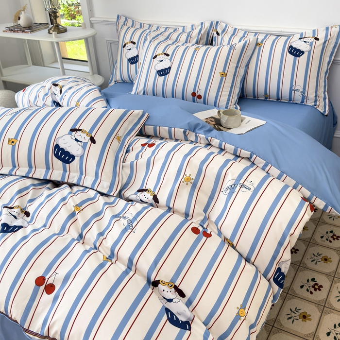 91家纺网 家纺一手货源 找家纺 优纤家纺 2025新款120克磨毛斜纹卡通花卉印花植物羊绒四件套 线条小狗