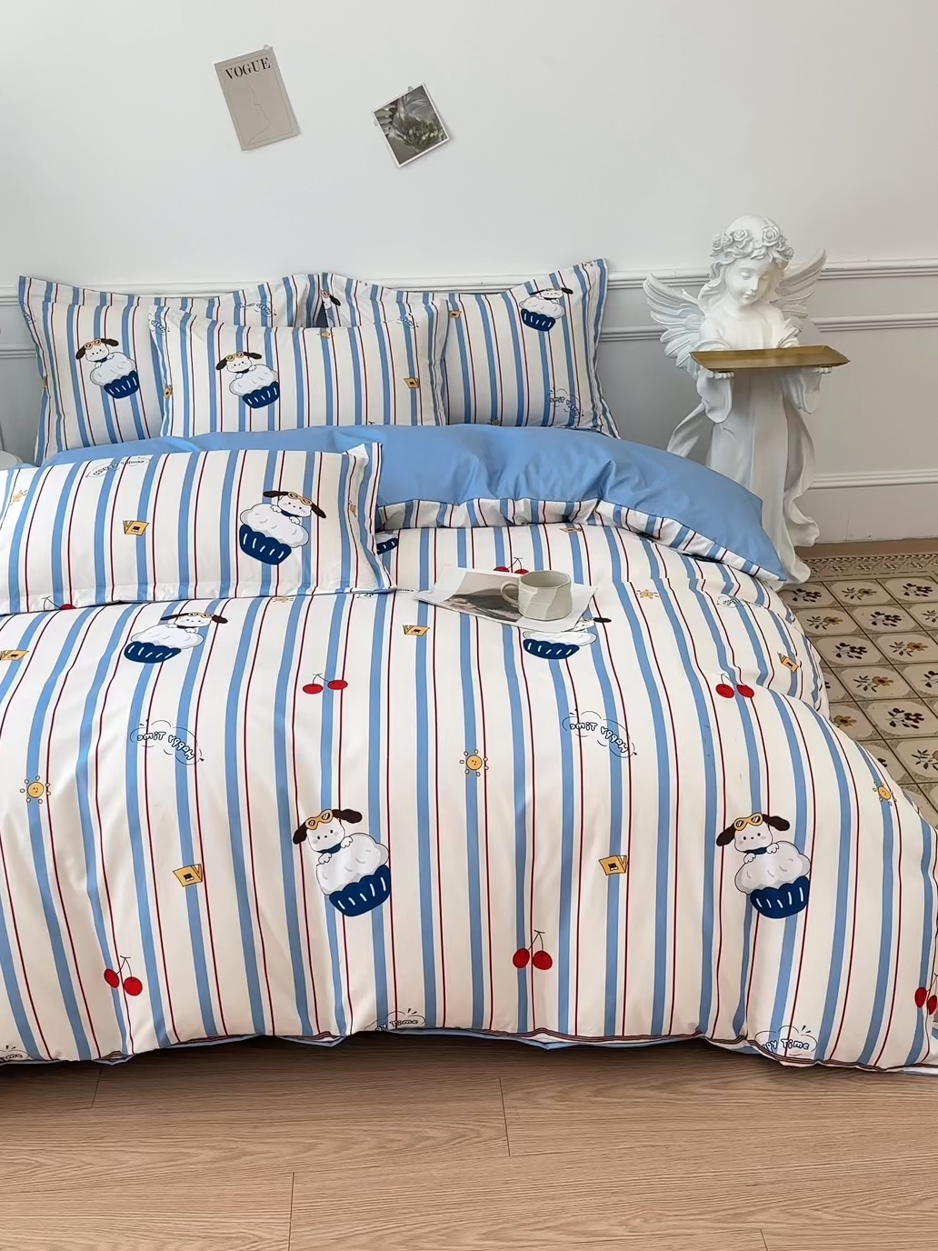 91家纺网 家纺一手货源 找家纺 优纤家纺 2025新款120克磨毛斜纹卡通花卉印花植物羊绒四件套 线条小狗