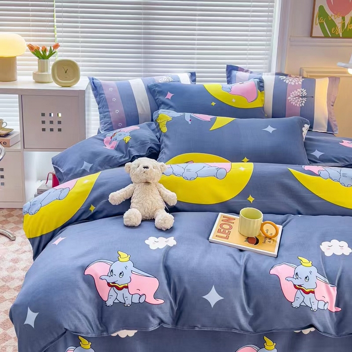 91家纺网 家纺一手货源 找家纺 优纤家纺 2025新款120克磨毛斜纹卡通花卉印花植物羊绒四件套 小飞象