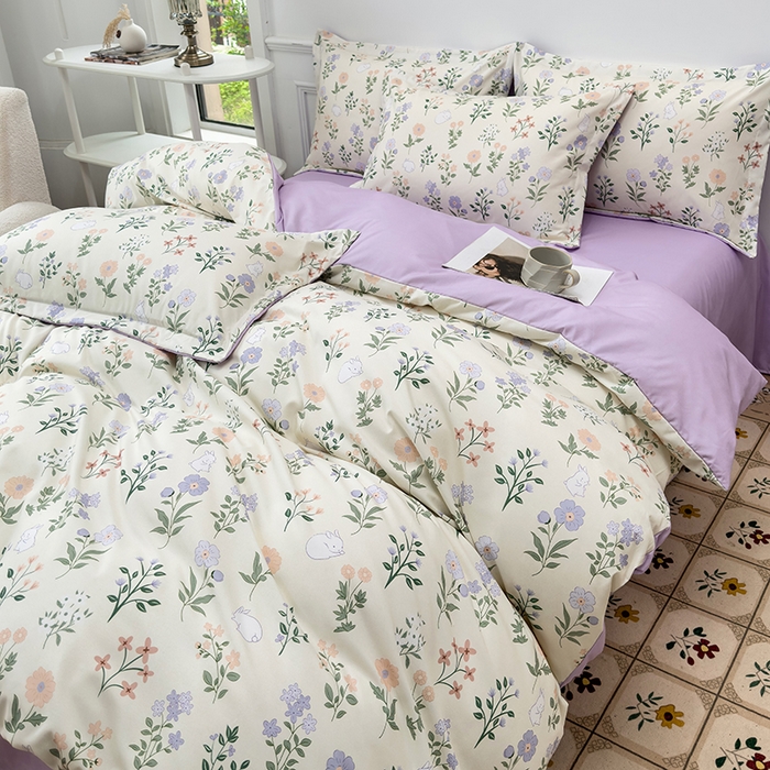 91家纺网 家纺一手货源 找家纺 优纤家纺 2025新款120克磨毛斜纹卡通花卉印花植物羊绒四件套 小碎花