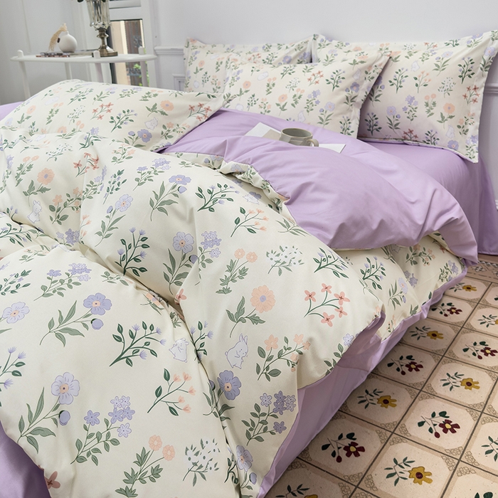 91家纺网 家纺一手货源 找家纺 优纤家纺 2025新款120克磨毛斜纹卡通花卉印花植物羊绒四件套 小碎花