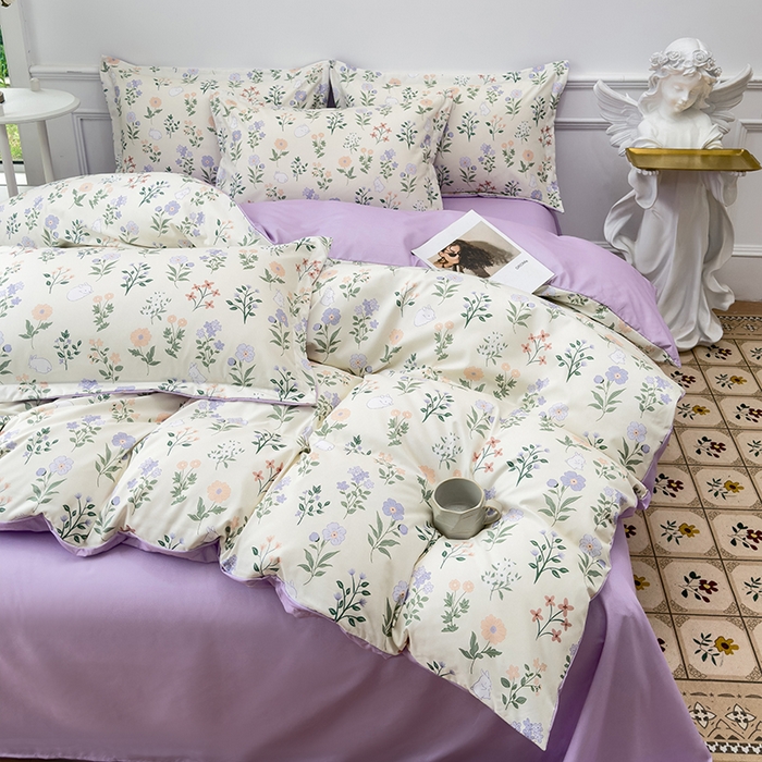 91家纺网 家纺一手货源 找家纺 优纤家纺 2025新款120克磨毛斜纹卡通花卉印花植物羊绒四件套 小碎花