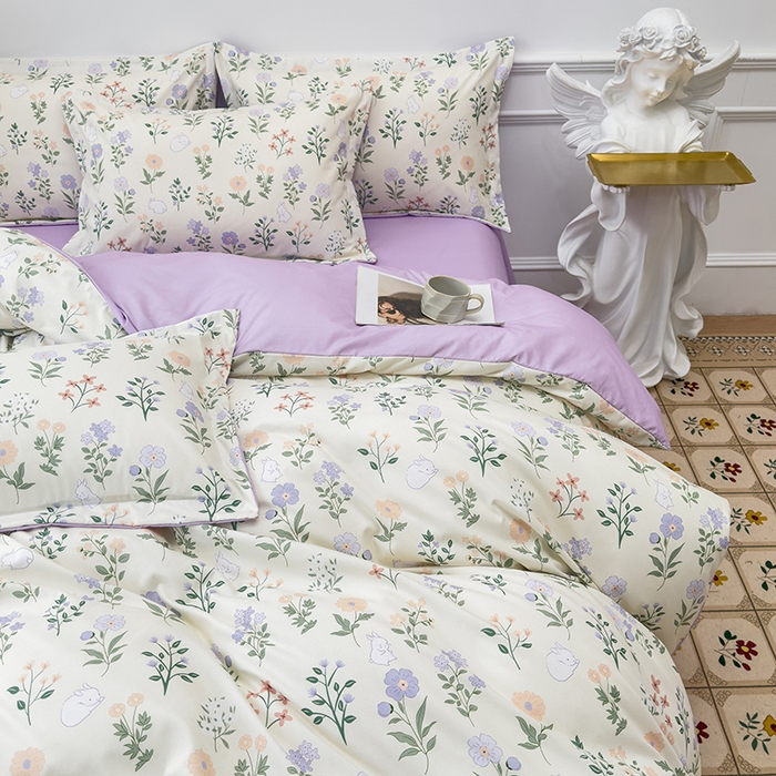 91家纺网 家纺一手货源 找家纺 优纤家纺 2025新款120克磨毛斜纹卡通花卉印花植物羊绒四件套 小碎花