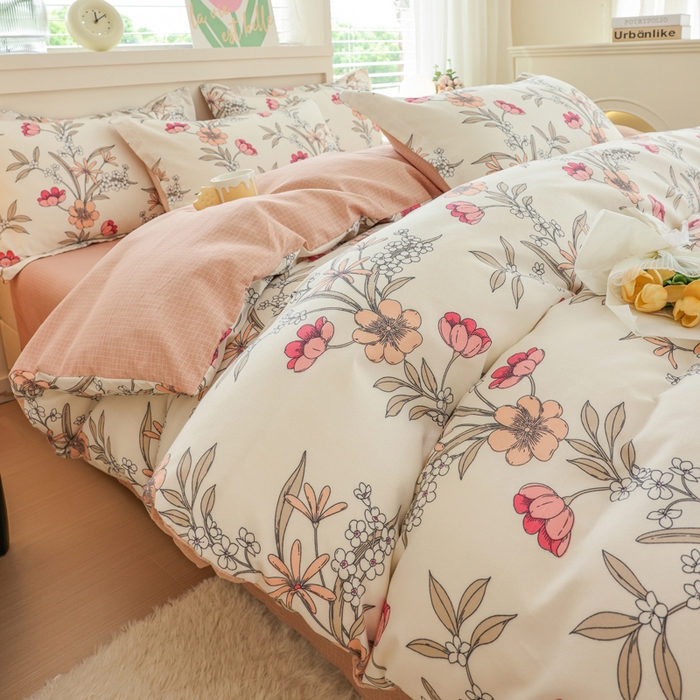 91家纺网 家纺一手货源 找家纺 优纤家纺 2025新款120克磨毛斜纹卡通花卉印花植物羊绒四件套 小园如玉