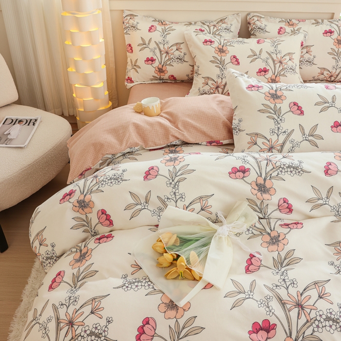 91家纺网 家纺一手货源 找家纺 优纤家纺 2025新款120克磨毛斜纹卡通花卉印花植物羊绒四件套 小园如玉