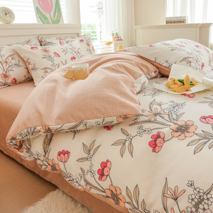 91家纺网 家纺一手货源 找家纺 优纤家纺 2025新款120克磨毛斜纹卡通花卉印花植物羊绒四件套 小园如玉