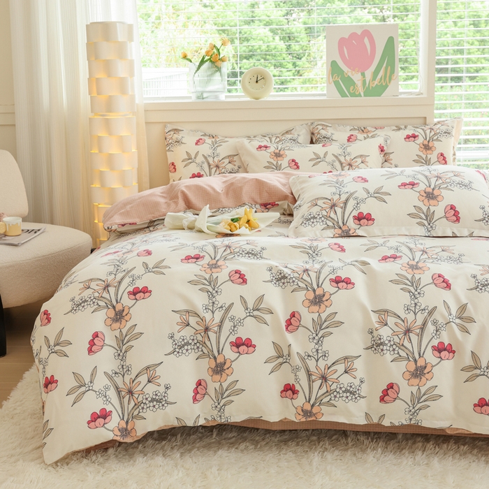 91家纺网 家纺一手货源 找家纺 优纤家纺 2025新款120克磨毛斜纹卡通花卉印花植物羊绒四件套 小园如玉