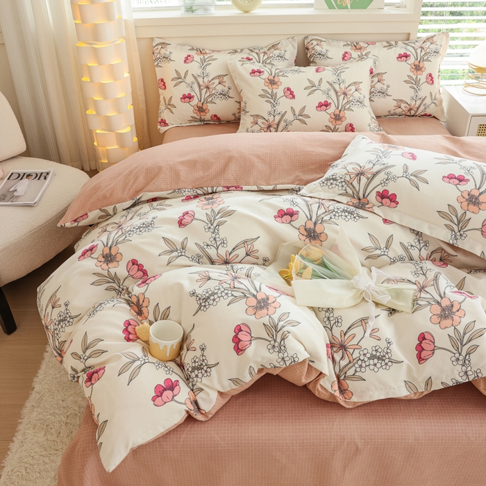 91家纺网 家纺一手货源 找家纺 优纤家纺 2025新款120克磨毛斜纹卡通花卉印花植物羊绒四件套 小园如玉