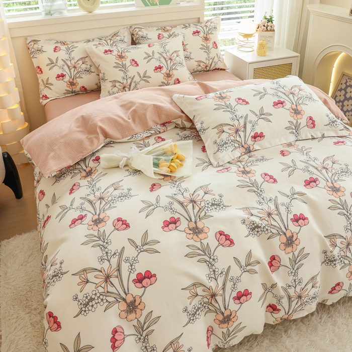 91家纺网 家纺一手货源 找家纺 优纤家纺 2025新款120克磨毛斜纹卡通花卉印花植物羊绒四件套 小园如玉