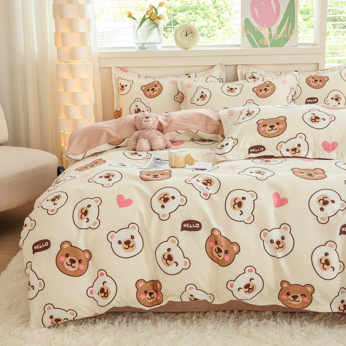 91家纺网 家纺一手货源 找家纺 优纤家纺 2025新款120克磨毛斜纹卡通花卉印花植物羊绒四件套 熊熊乐园