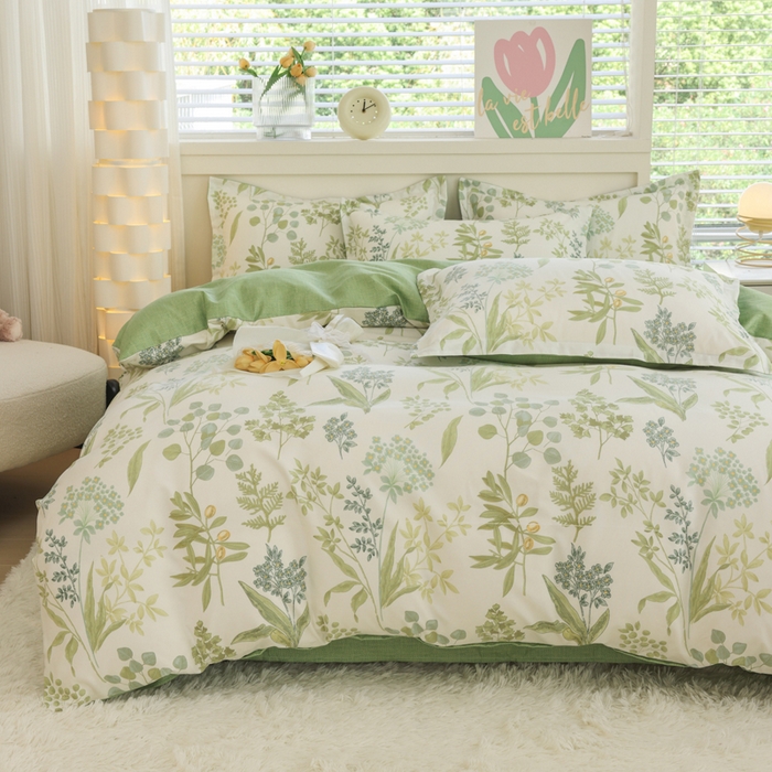 91家纺网 家纺一手货源 找家纺 优纤家纺 2025新款120克磨毛斜纹卡通花卉印花植物羊绒四件套 悠悠花草