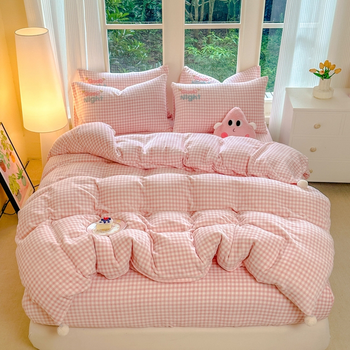 91家纺网 家纺一手货源 找家纺 布柔 2025新款高克重双层纱仿麻皱皱纱原麻床笠 泡芙粉