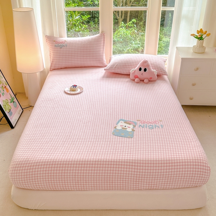 91家纺网 家纺一手货源 找家纺 布柔 2025新款高克重双层纱仿麻皱皱纱原麻床笠 泡芙粉