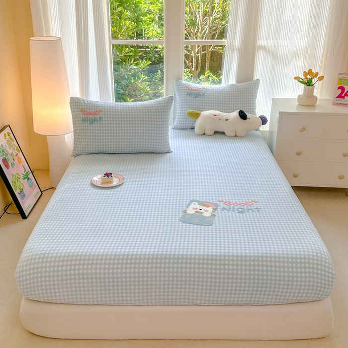 91家纺网 家纺一手货源 找家纺 布柔 2025新款高克重双层纱仿麻皱皱纱原麻床笠 泡芙蓝