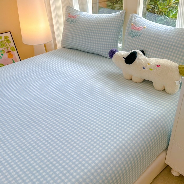 91家纺网 家纺一手货源 找家纺 布柔 2025新款高克重双层纱仿麻皱皱纱原麻床笠 泡芙蓝