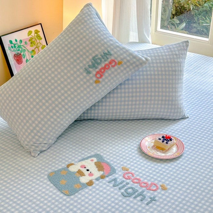 91家纺网 家纺一手货源 找家纺 布柔 2025新款高克重双层纱仿麻皱皱纱原麻床笠 泡芙蓝