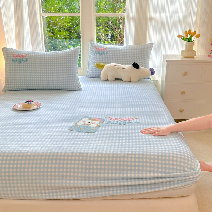 91家纺网 家纺一手货源 找家纺 布柔 2025新款高克重双层纱仿麻皱皱纱原麻床笠 泡芙蓝