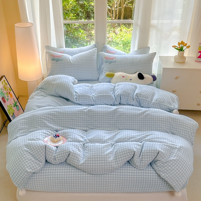 91家纺网 家纺一手货源 找家纺 布柔 2025新款高克重双层纱仿麻皱皱纱原麻床笠 泡芙蓝