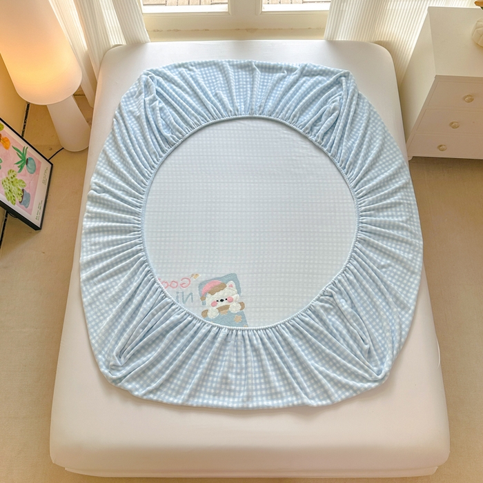 91家纺网 家纺一手货源 找家纺 布柔 2025新款高克重双层纱仿麻皱皱纱原麻床笠 泡芙蓝