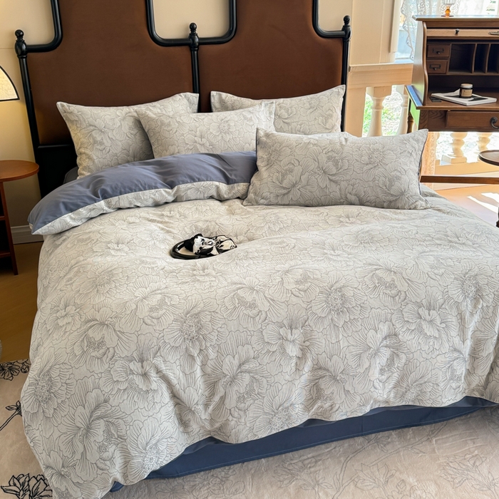 91家纺网 家纺一手货源 找家纺 眠博士 2025新款60s长绒棉纯棉提花磨毛被套单被套被套单品 提花磨毛单被-繁花灰蓝