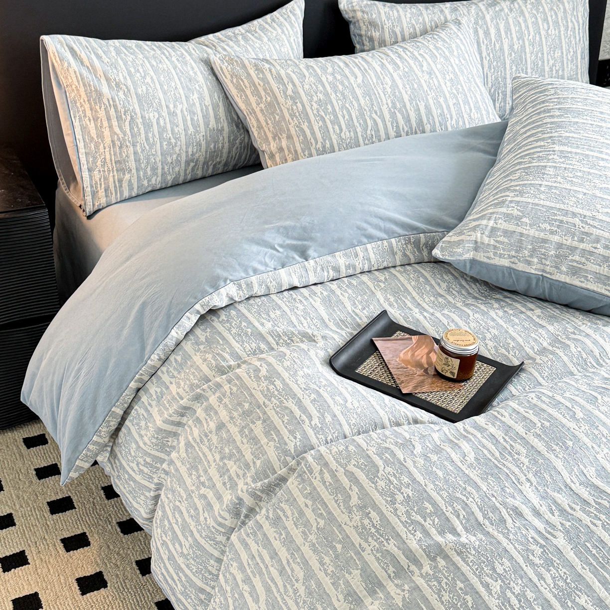 91家纺网 家纺一手货源 找家纺 眠博士 2025新款60s长绒棉纯棉提花磨毛被套单被套被套单品 提花磨毛单被-流光蓝