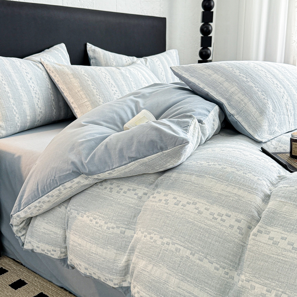 91家纺网 家纺一手货源 找家纺 眠博士 2025新款60s长绒棉纯棉提花磨毛被套单被套被套单品 提花磨毛单被-梦雨蓝