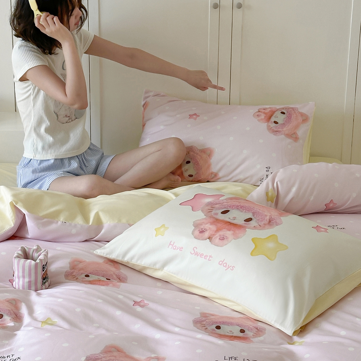 91家纺网 家纺一手货源 找家纺 桃子家居 2025新款纯棉数码印花5D卡通混搭可爱少女纯棉系列四件套 棉5D-可爱兔兔