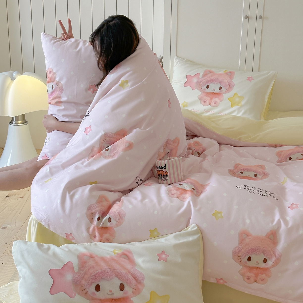 91家纺网 家纺一手货源 找家纺 桃子家居 2025新款纯棉数码印花5D卡通混搭可爱少女纯棉系列四件套 棉5D-可爱兔兔