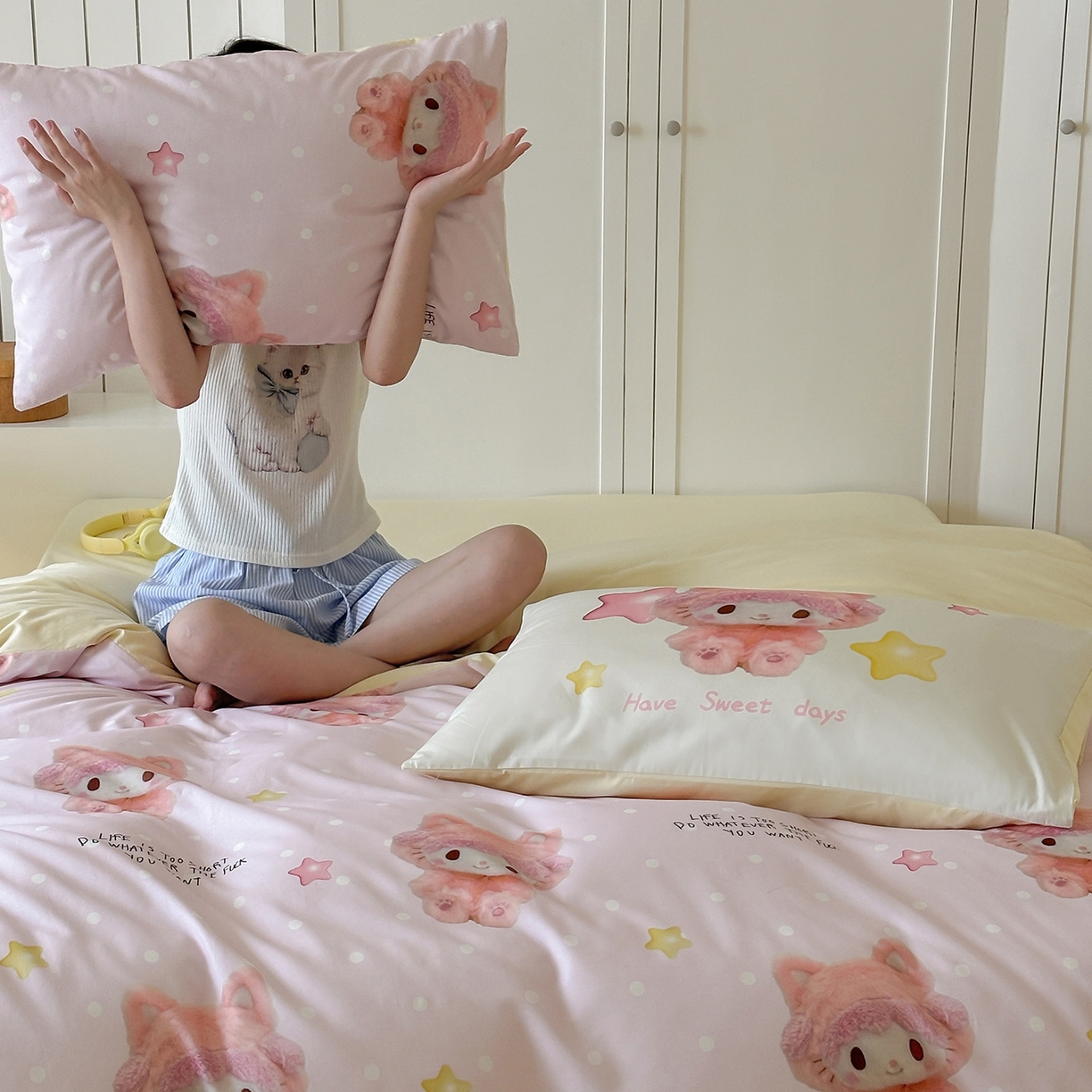 91家纺网 家纺一手货源 找家纺 桃子家居 2025新款纯棉数码印花5D卡通混搭可爱少女纯棉系列四件套 棉5D-可爱兔兔