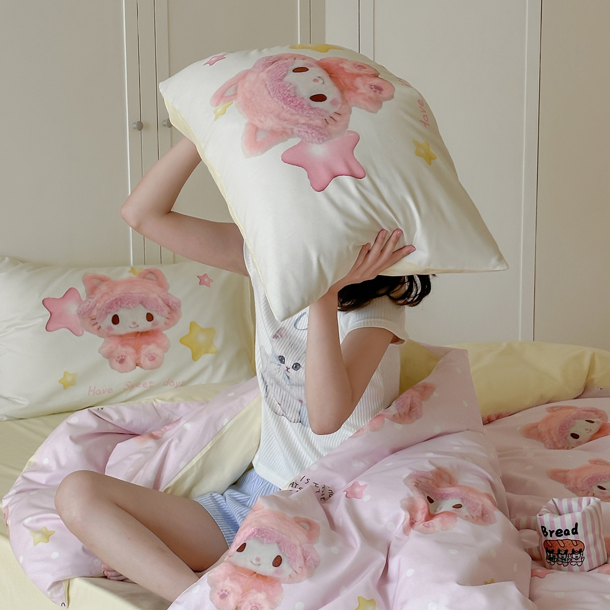 91家纺网 家纺一手货源 找家纺 桃子家居 2025新款纯棉数码印花5D卡通混搭可爱少女纯棉系列四件套 棉5D-可爱兔兔