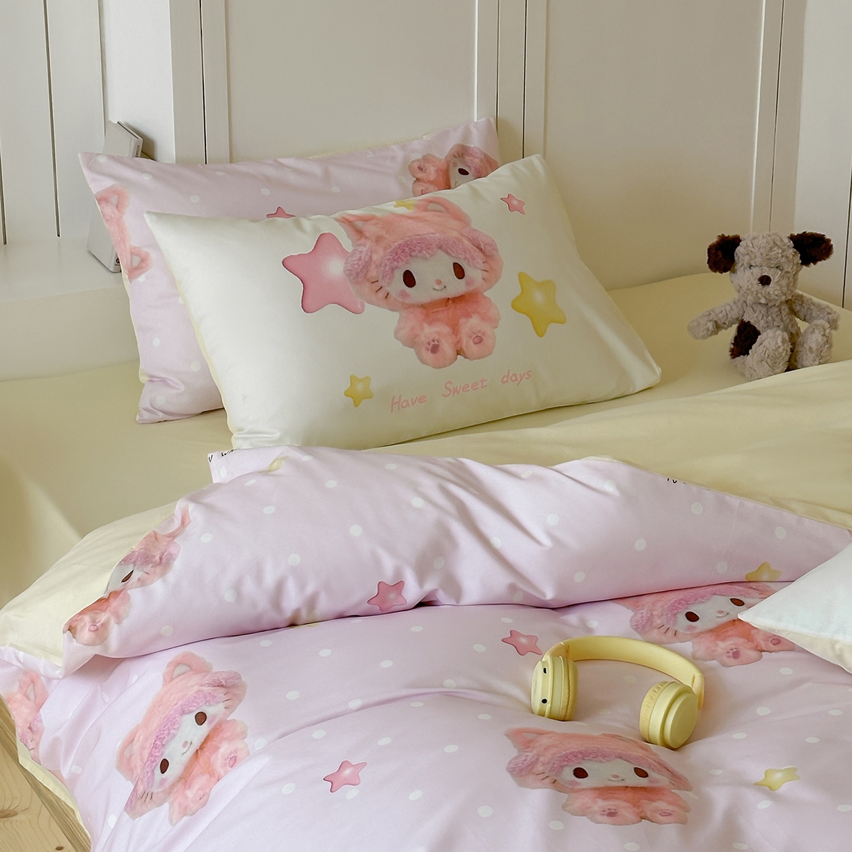 91家纺网 家纺一手货源 找家纺 桃子家居 2025新款纯棉数码印花5D卡通混搭可爱少女纯棉系列四件套 棉5D-可爱兔兔