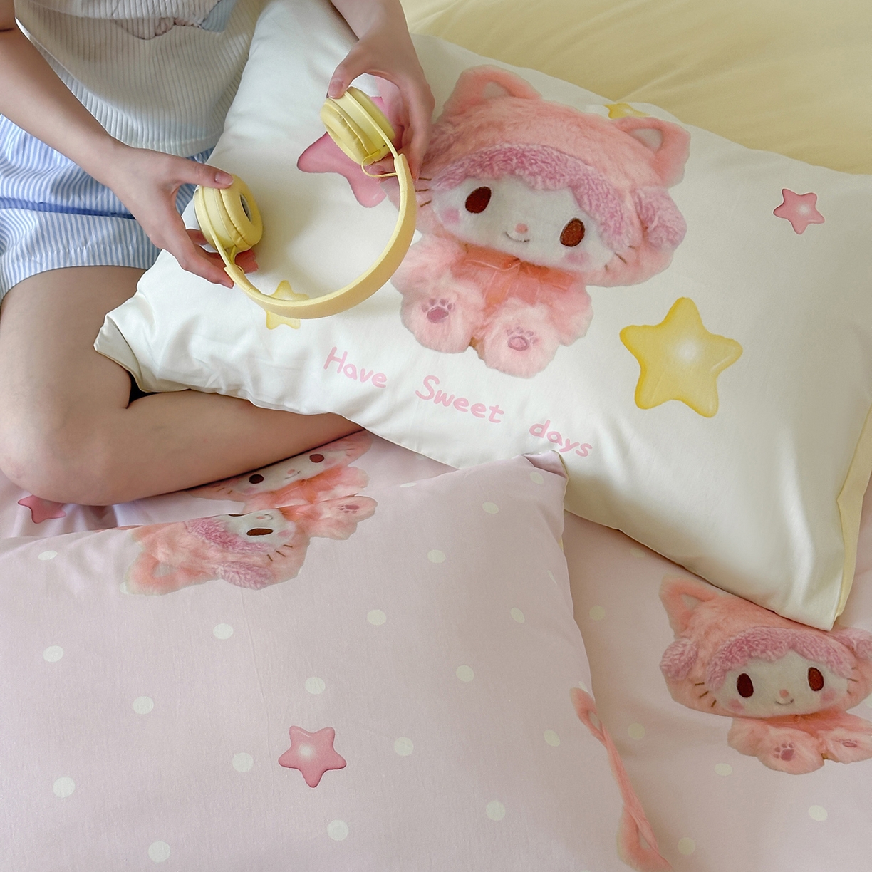 91家纺网 家纺一手货源 找家纺 桃子家居 2025新款纯棉数码印花5D卡通混搭可爱少女纯棉系列四件套 棉5D-可爱兔兔