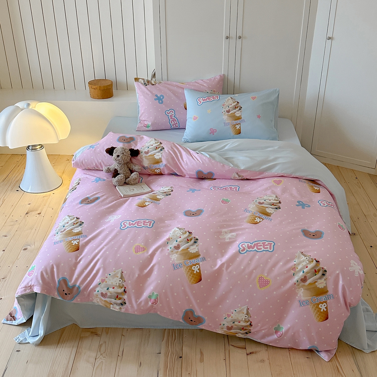 桃子家居 2025新款纯棉数码印花5D卡通混搭可爱少女纯棉系列四件套 棉5D-熊熊冰淇淋粉