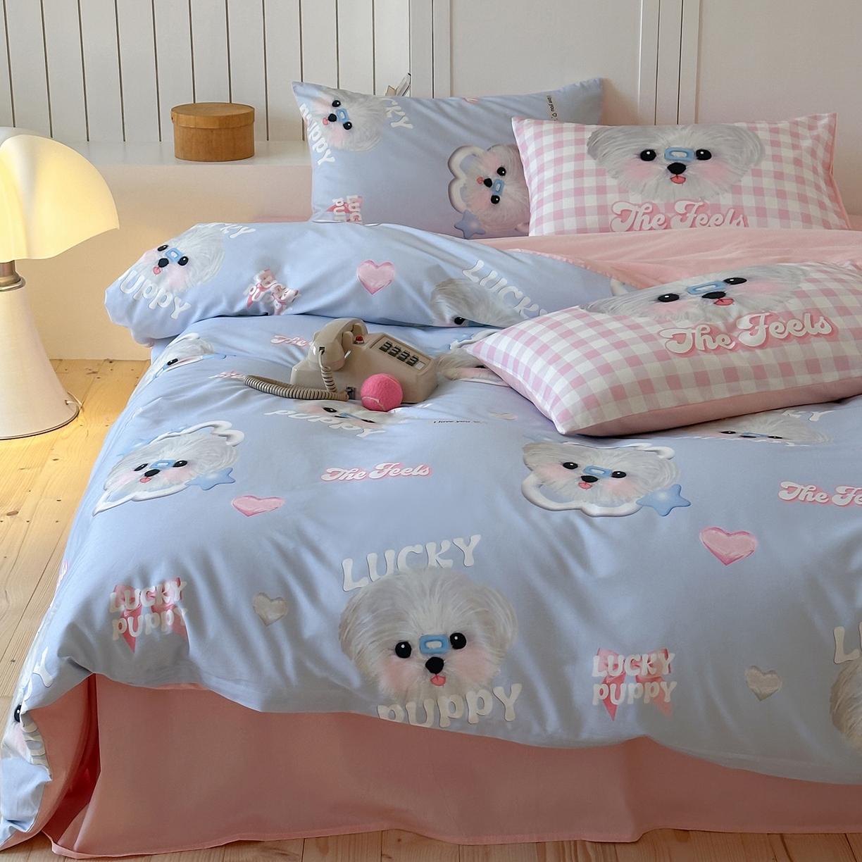 91家纺网 家纺一手货源 找家纺 桃子家居 2025新款纯棉数码印花5D卡通混搭可爱少女纯棉系列四件套 棉5D-甜美幸运狗