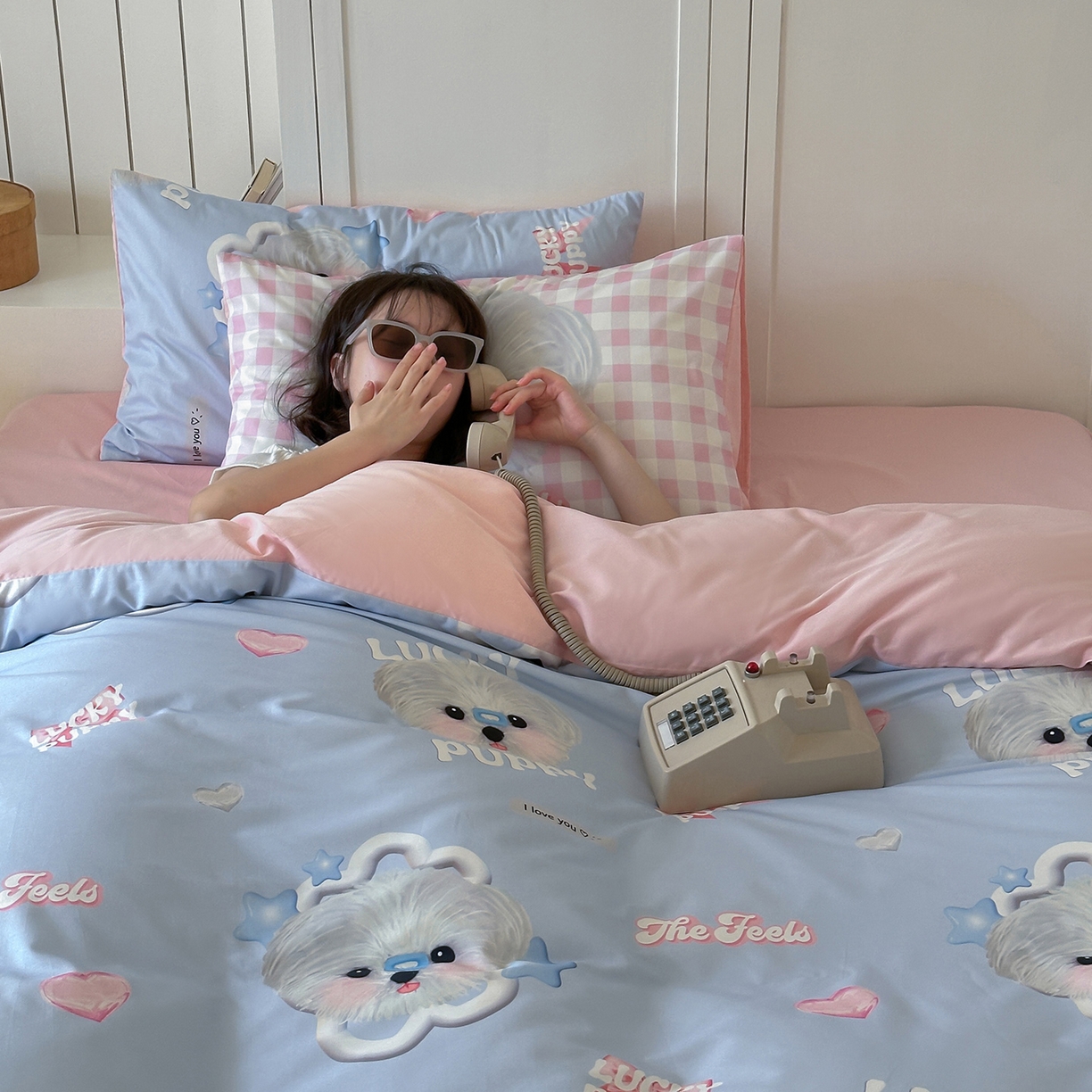 91家纺网 家纺一手货源 找家纺 桃子家居 2025新款纯棉数码印花5D卡通混搭可爱少女纯棉系列四件套 棉5D-甜美幸运狗