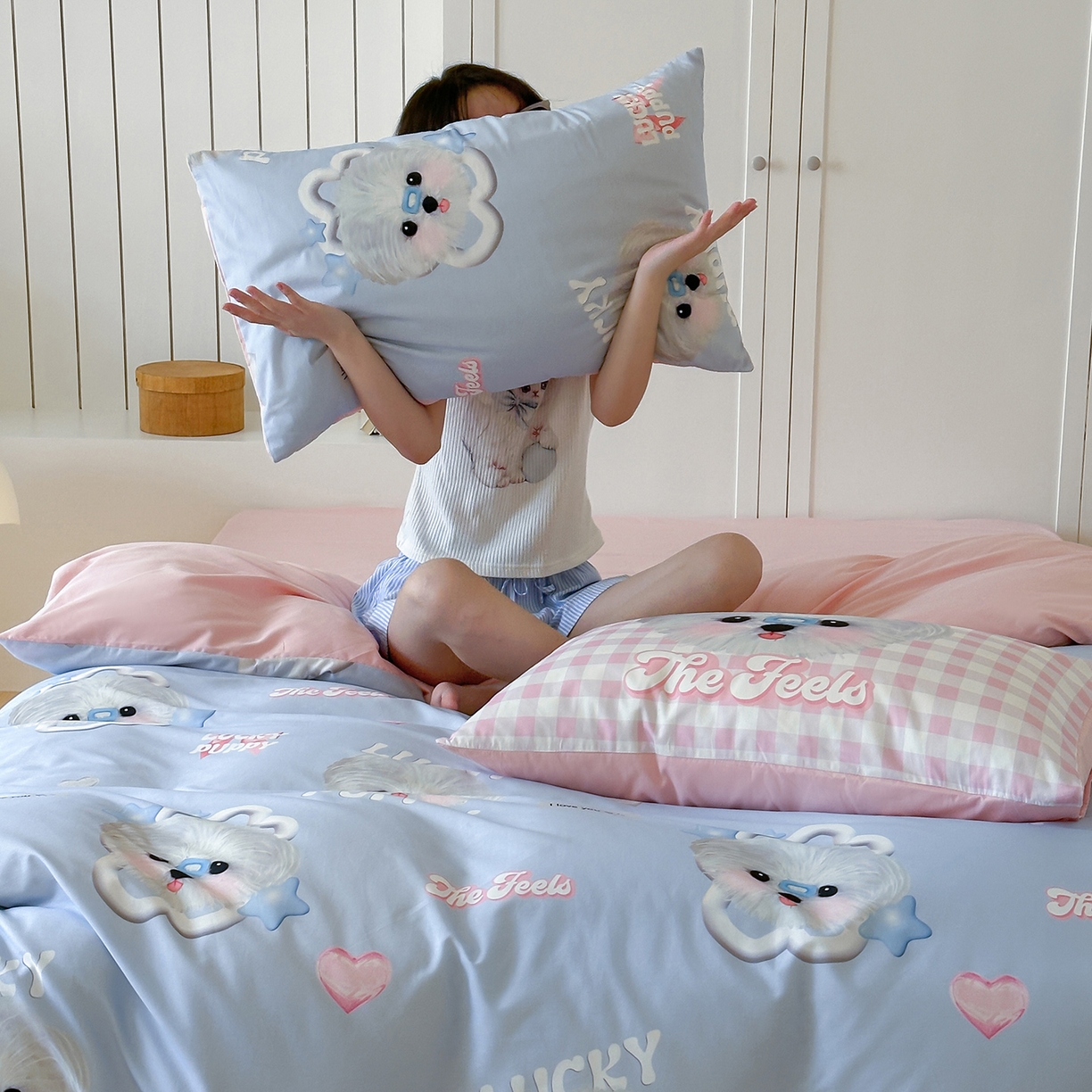 91家纺网 家纺一手货源 找家纺 桃子家居 2025新款纯棉数码印花5D卡通混搭可爱少女纯棉系列四件套 棉5D-甜美幸运狗