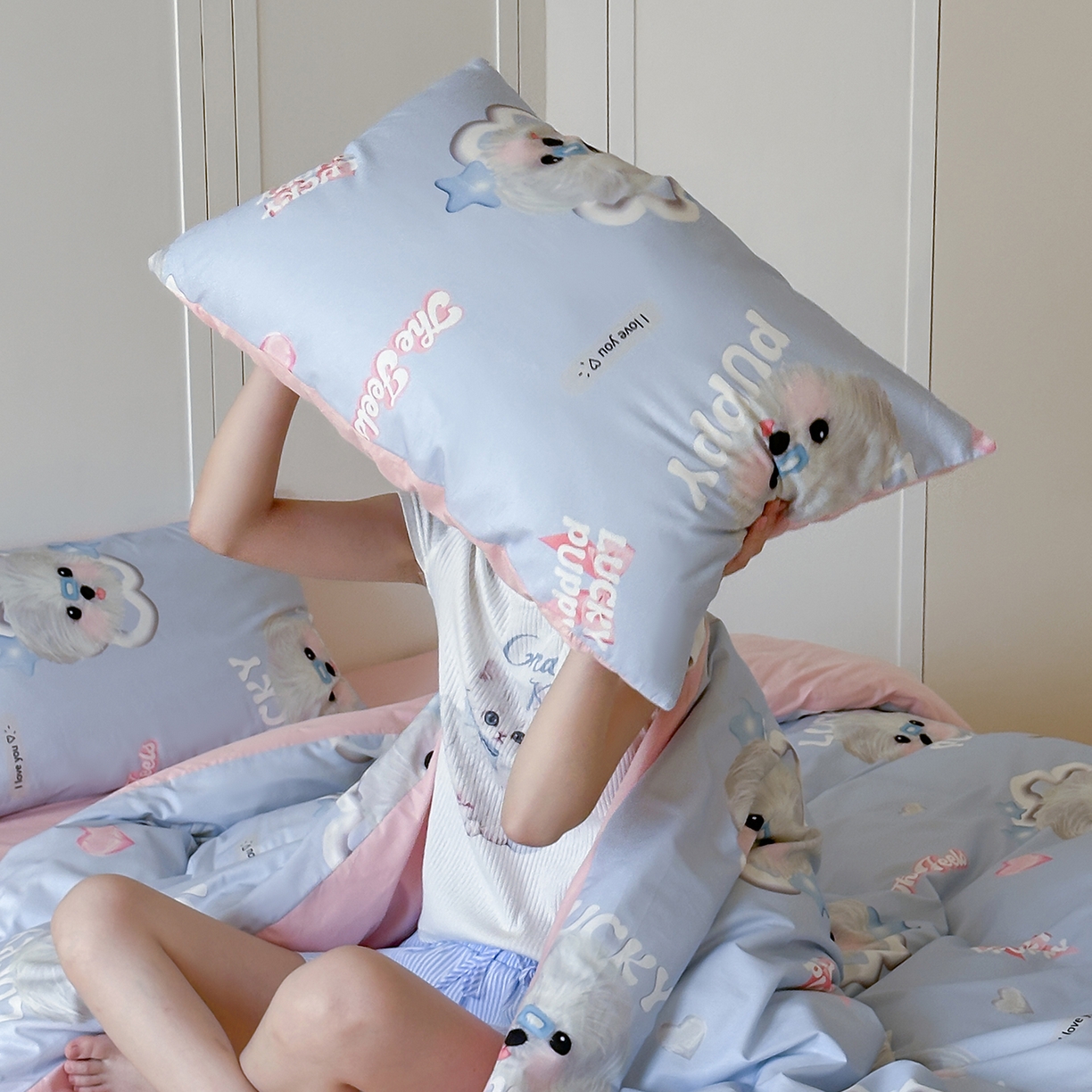 91家纺网 家纺一手货源 找家纺 桃子家居 2025新款纯棉数码印花5D卡通混搭可爱少女纯棉系列四件套 棉5D-甜美幸运狗